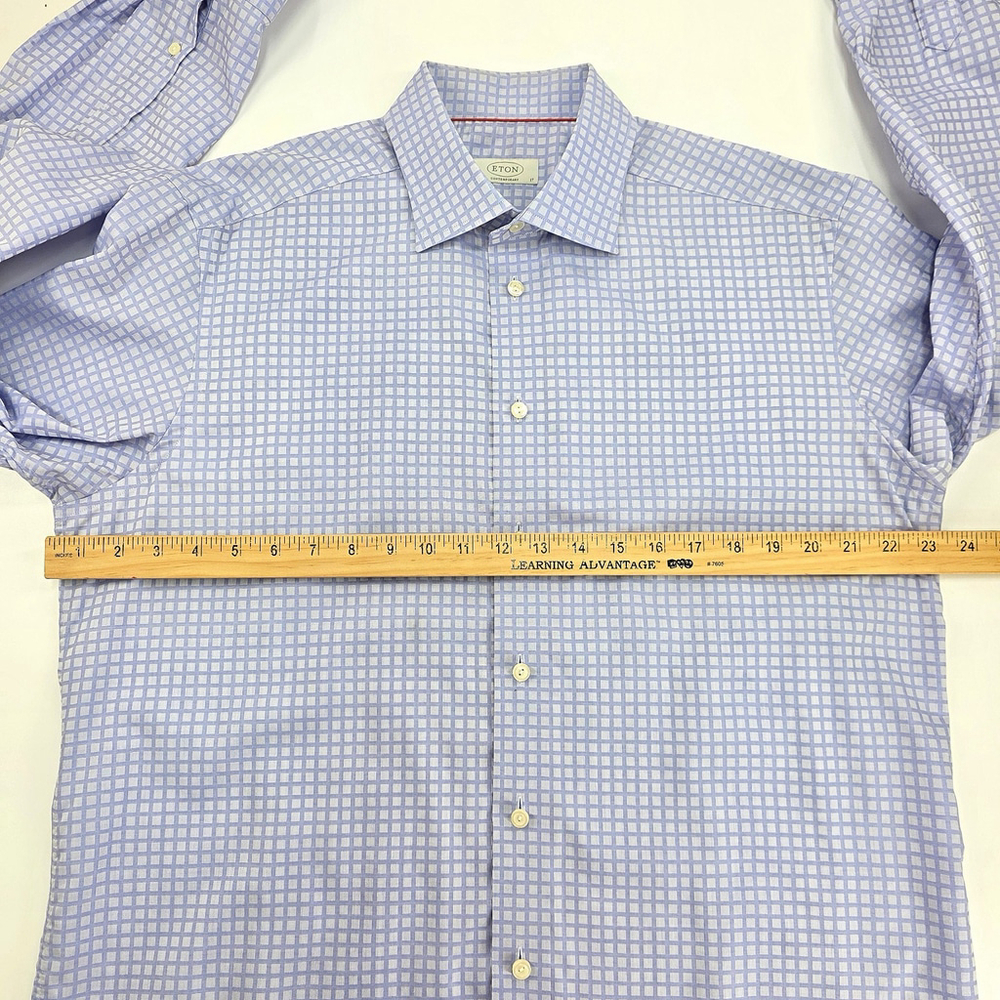 Quiet Luxury Eton Sweden Dress Shirt Mens 43 Light Blue Grid Cotton Europe - Picture 12 of 15